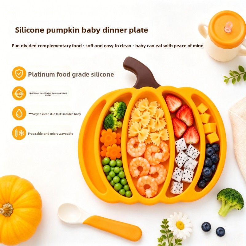 Baby Food Vegetables - Pumpkin Silicone Baby Divided Plate, Anti-Shatter